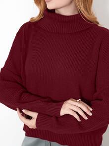 Basic Knitted Blouse With High Collar - Burgundy - View 6