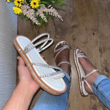 Women's Flat Luxury Rhinestone Flat Sandals 2 In 1 Bohemian Flatform Sandals White Gold Silver Black Shiny Party Launch Promotion - الأبيض الفضي - مشاهدة 6