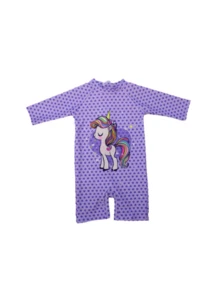 Adecuado para niñas de 2 a 8 años, ideal para la playa en verano. Con mangas medias y un diseño adorable de dibujos animados. El tejido es suave y tiene un estilo casual, perfecto para que las niñas se vean lindas y se sientan cómodas. Un traje  monopieza ideal para pequeñas aventuras playeras. - Morado - Ver 2