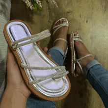 Women's Flat Luxury Rhinestone Flat Sandals 2 In 1 Bohemian Flatform Sandals White Gold Silver Black Shiny Party Launch Promotion - 銀不褪色 - 查看 4