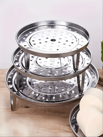 Juego de 3 rejillas de vapor multiusos, para bollos y huevos, olla vaporera de acero inoxidable, rejilla vaporera, herramienta de cocina rejilla vaporera redonda, para cocción al vapor de alimentos, horneado, bandeja vaporera de pie desmontable de 3 patas, plato de vapor multiusos con patas altas, utensilios de cocina domésticos pequeños, adecuado para vapear bollos, dim sum y verduras. Color y estilo aleatorio.