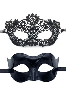 2 Peças Máscara de Casal de Renda Preta e Plástico para Festa de Máscaras, Adequada para Homens e Mulheres Participarem de Baile de Máscaras, Festa de Halloween