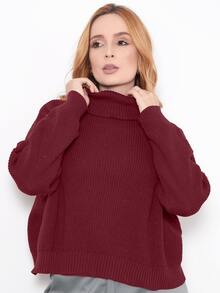 Basic Knitted Blouse With High Collar - Burgundy - View 3