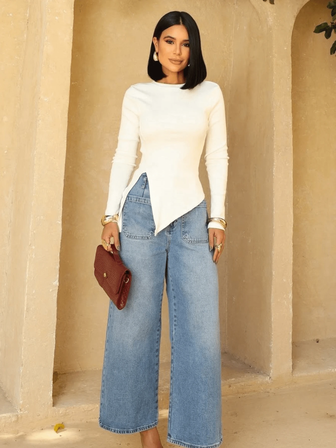 Asymmetrical Ribana Long Sleeve Blouse - 白色 - 查看 1