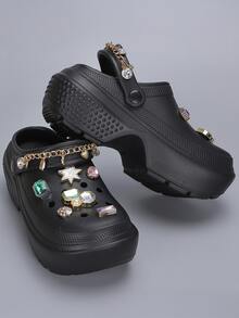 Revreal Black Platform Clogs with Colorful Rhinestone Charms and Chain可愛波西米亞Preppy學院度假時尚Casual休閒Outdoor戶外 - 黑色 - 查看 1