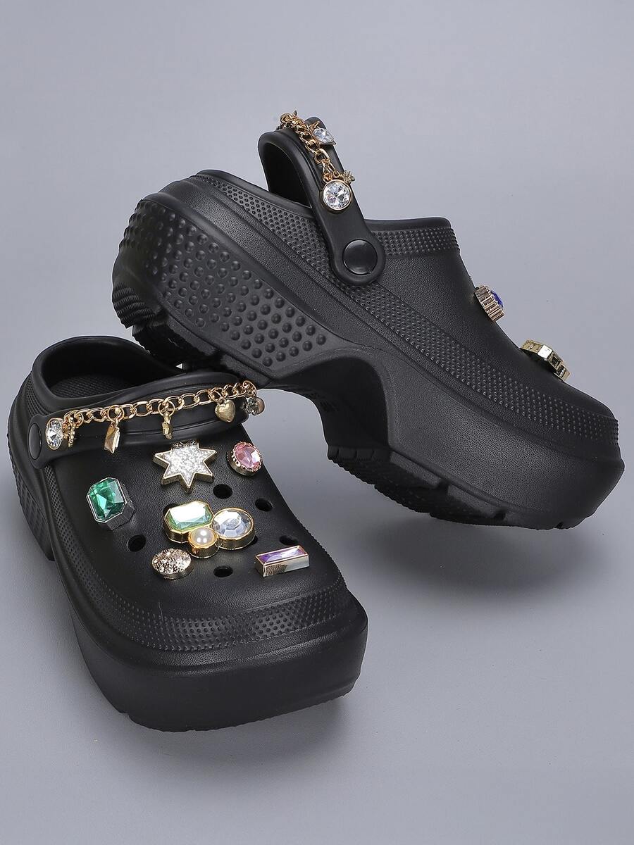 Revreal Black Platform Clogs with Colorful Rhinestone Charms and Chain可愛波西米亞Preppy學院度假時尚Casual休閒Outdoor戶外 - 黑色 - 查看 1