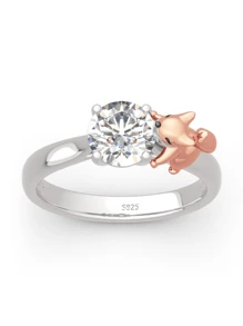 1pc S925 Silver Creative & Cute Fox Embraced 1 Carat Round Cubic Zirconia Ring, Jewelry Gift For Loved Ones