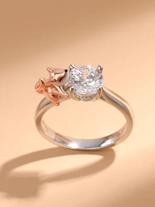 1pc S925 Silver Creative & Cute Fox Embraced 1 Carat Round Cubic Zirconia Ring, Jewelry Gift For Loved Ones