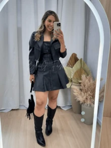 Women's Faux Leather Dress And Jacket Set - 黑色 - 查看 1