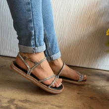 Women's Flat Luxury Rhinestone Flat Sandals 2 In 1 Bohemian Flatform Sandals White Gold Silver Black Shiny Party Launch Promotion - 黑色銀色 - 查看 5
