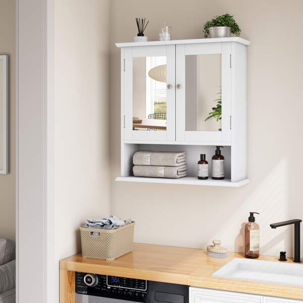 Mobiletto da bagno bianco a muro con ripiani regolabili e doppie ante. Moderno mobiletto portamedicinali con specchio per bagno, lavanderia e cucina. MDF bianco. 54,6 x 19,8 x 60 cm (L x P x A)