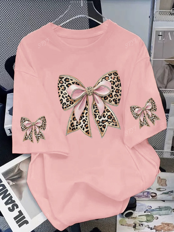 Damen Lässig T-Shirt mit Leoparden-Muster und Schleifen-Design, Sommer