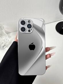 极简商务苹果纹银色手机壳 渐变弧形设计 高清玻璃手机壳 防摔 男女通用 适用于 17/16 Pro Max/15 Pro/14 Pro Max/13 Pro Max/16 Pro/15 Pro Max/12 Pro Max/11/XS Max/7 Plus 13 防摔保护壳