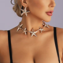 Exaggerated Starfish Necklace, Earrings & Metal Jewelry Set, Bohemian Style Resort Fashion Accessories For Women