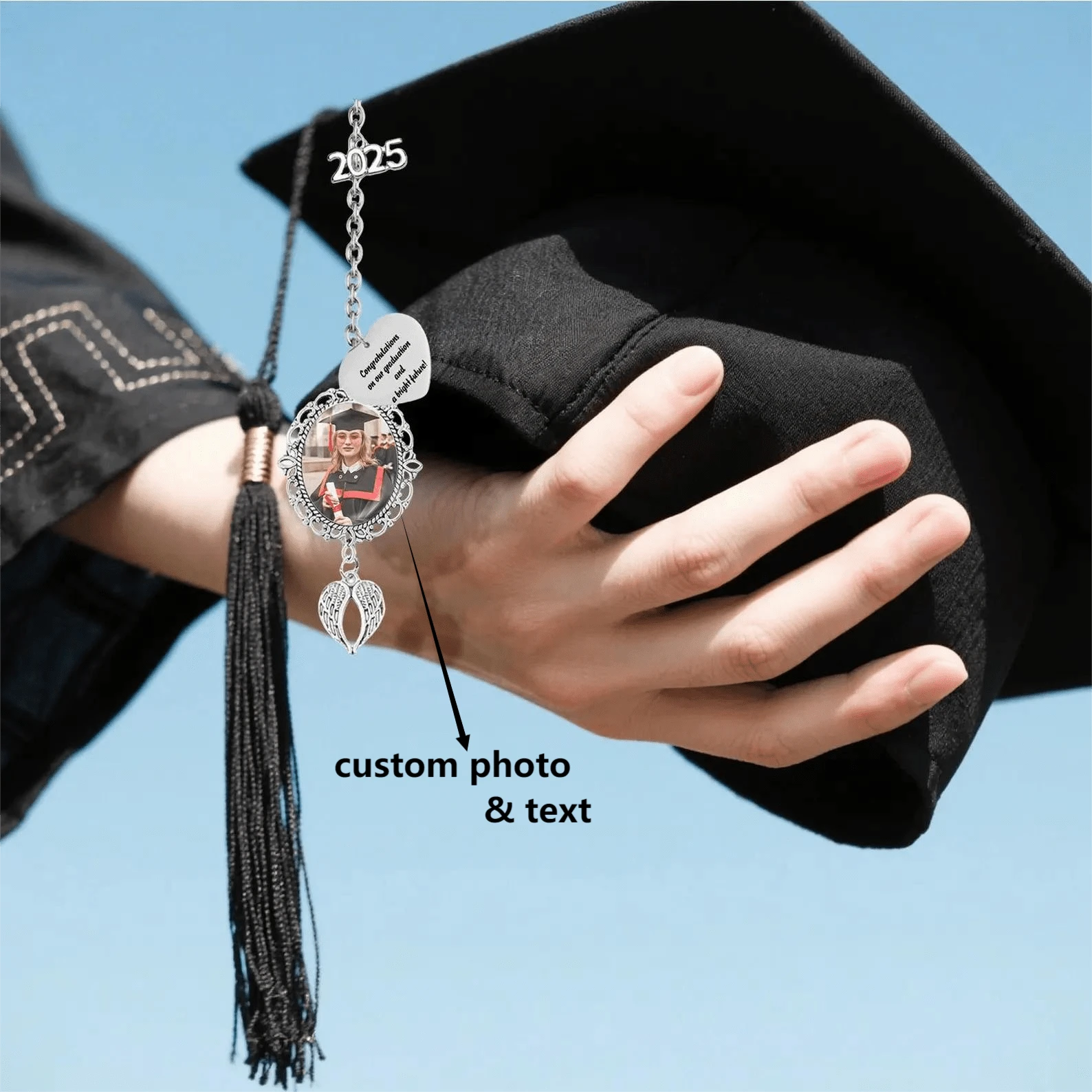 Custom Photo & Text Graduation Tassel Pendant With Angel Wing,Graduation Gift For Her Him,Class Of 2025 Memorial Gift,Deco For Grad Cap