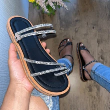 Women's Flat Luxury Rhinestone Flat Sandals 2 In 1 Bohemian Flatform Sandals White Gold Silver Black Shiny Party Launch Promotion - 黑色銀色 - 查看 3