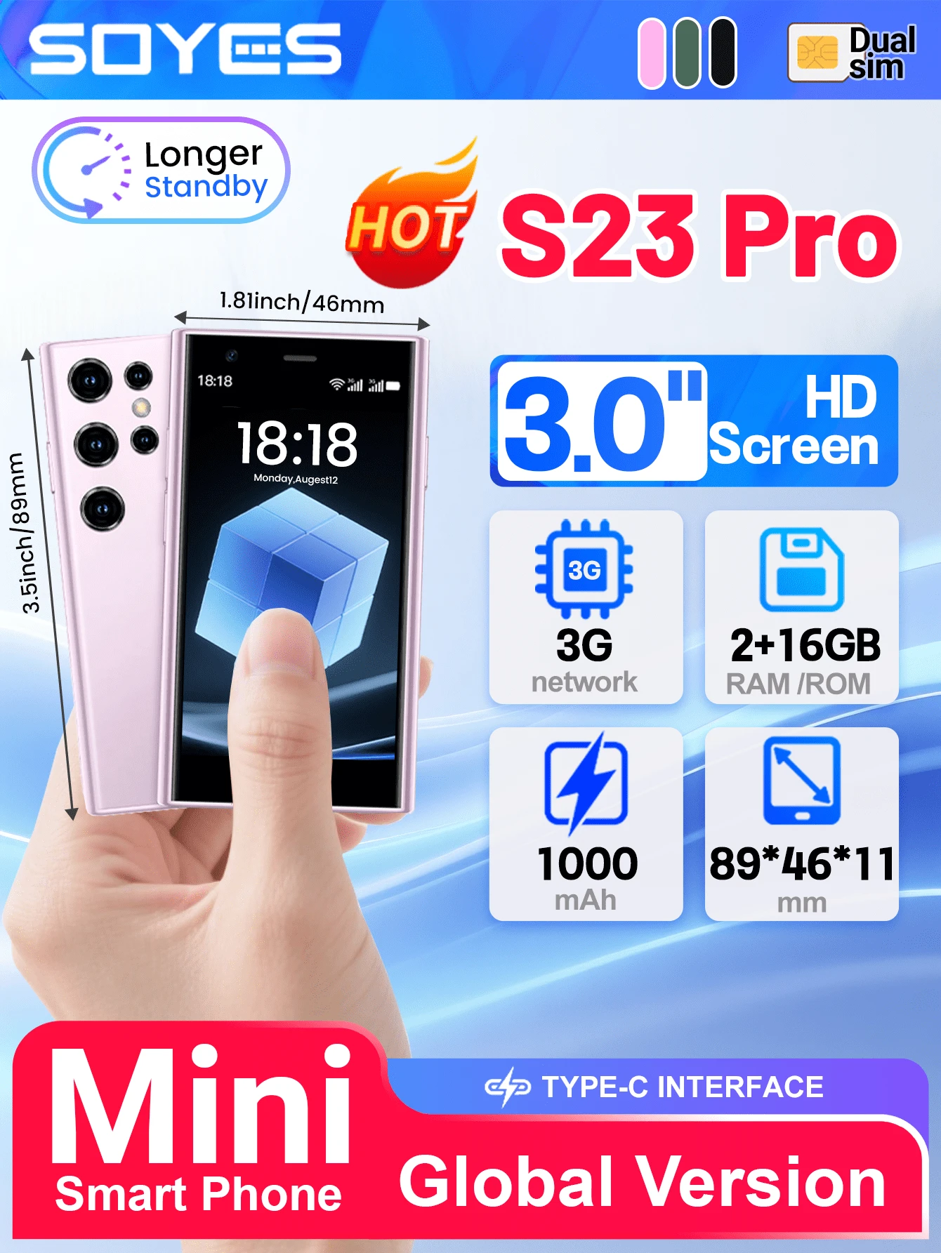 SOYES S23 Pro Mini 小型智能手机 2GB RAM 16GB ROM Android8.1 双卡待机 1000mAh 小电池容量 3G 网络紧凑型小型手机