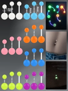 CIZME Glow-In-The-Dark Plastic Navel Rings, Neon Rubber Acrylic Navel Piercing Jewelry Set, Stainless Steel Navel Rings, 14G, 6mm, 10mm, Multi-Color Short Navel Rings Piercing Jewelry, Unisex - Belly Rings - View 5