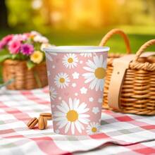 10/20 件 9 盎司雏菊主题派对纸杯，适合生日派对、节日庆祝、野餐和家庭聚会，可供 10/20 人使用，花瓣图案的桌面装饰 - 彩色 - 查看 4