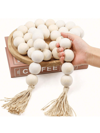 Large Wood Bead Garland With 1.6" Diameter Wooden Beads And Tassels, Decorative Beads Boho Decorations For Home, 39" Long Rustic Farmhouse Country Wood Beads Garland For Home Tiered Tray Decor