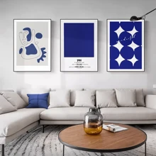 1 pieza Pintura abstracta geométrica minimalista estilo nórdico en color azul Klein para decoración de sala de estar en lienzo, con opción de marco