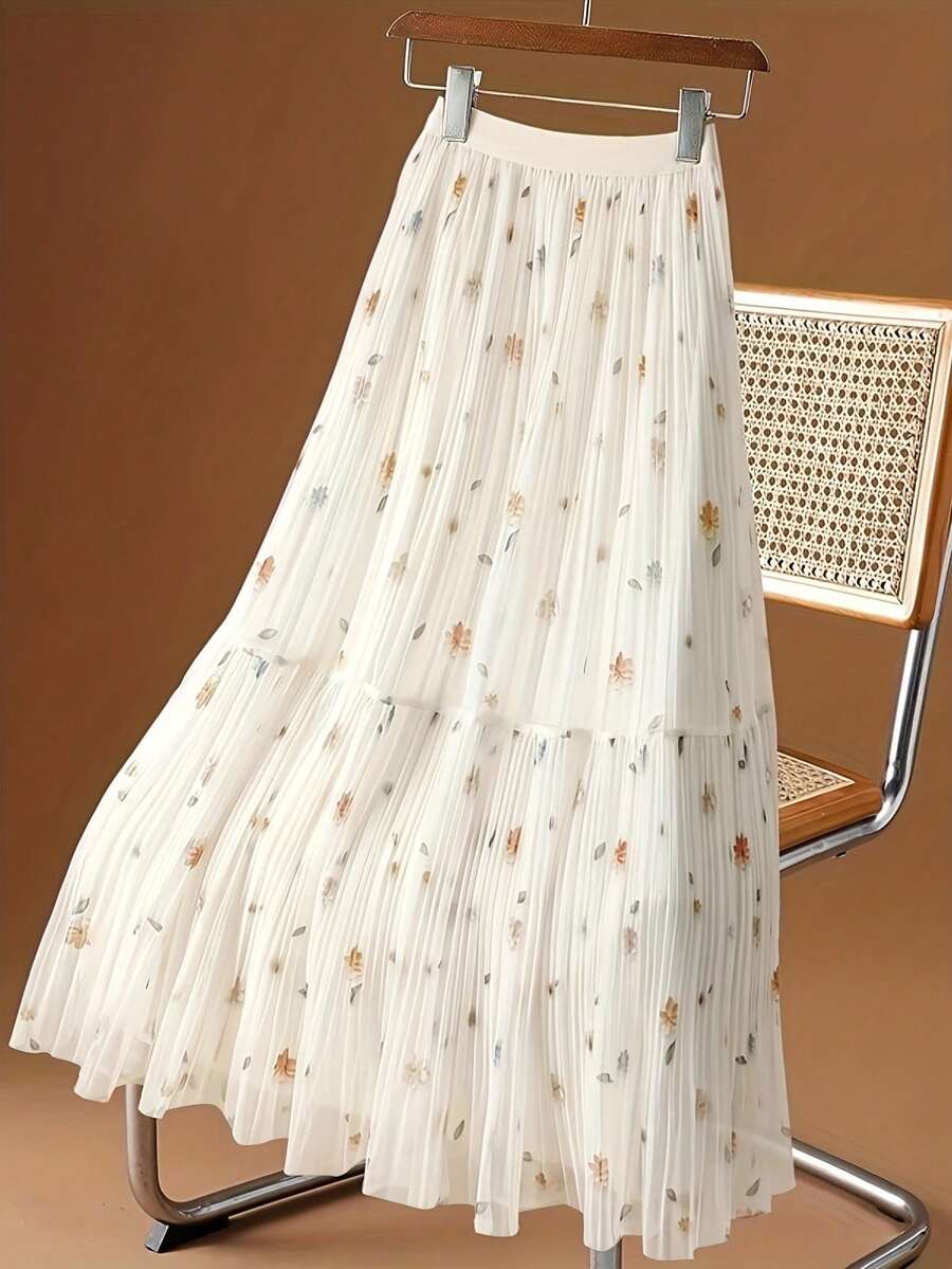 LuminousWealth Women's Elegant Floral Pleated Maxi Dress - Colorful Floral Pattern, High Waist, Flowing Design, Suitable For All Seasons, High Waist Skirt, Great For Christmas And New Year