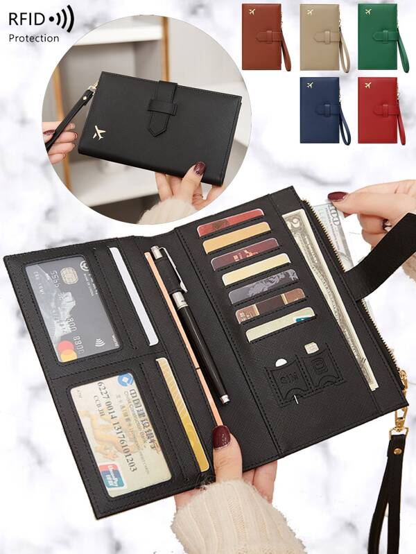 New RFID Blocking Anti-Magnetic Passport Holder Zipper Button Card Bag Multi-Function Long Wallet For Women Vacation Travel Accessories Summer Travel Essentials Travel Passport Wallet Passport Bag For Travel For Flight