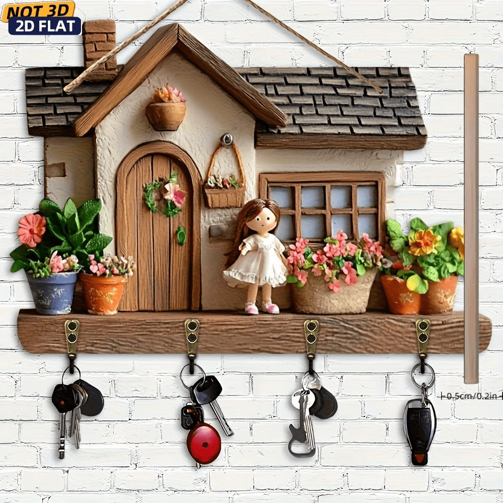 2D Flat Hanging Storage Hook Rack - A Colorful Wooden House Key Hanging Rack And Storage Hook Are Placed On The Entrance Wall (The Load Capacity Should Not Exceed 600g As Much As Possible)
