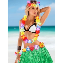 5pcs Hawaiian Style Grass Skirt Costume Set - Colorful Polyester Hula Skirts With Floral Headbands & Bracelets, Women'S Party Attire For Luau Or Beach Party, Beach Party Attire | Vibrant Skirt Set | Durable Polyester, Beach Accessories - Multicolor - View 11
