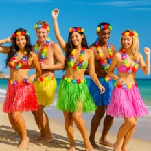 5pcs Hawaiian Style Grass Skirt Costume Set - Colorful Polyester Hula Skirts With Floral Headbands & Bracelets, Women'S Party Attire For Luau Or Beach Party, Beach Party Attire | Vibrant Skirt Set | Durable Polyester, Beach Accessories - Multicolor - View 7
