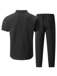 2 件男士夏季休闲纯色提花领衬衫和裤子套装，春夏夏威夷运动和度假装