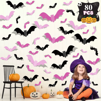 80pcs, Halloween Decoration Spooky 3D Black PVC Bat Halloween Party DIY Decor Wall Sticker Bar Room Halloween Party Scary Decos Props - Perfect For Halloween Party And Supplies, Thanksgiving Day, Halloween, Christmas Decor - Mix 8 Sizes Package