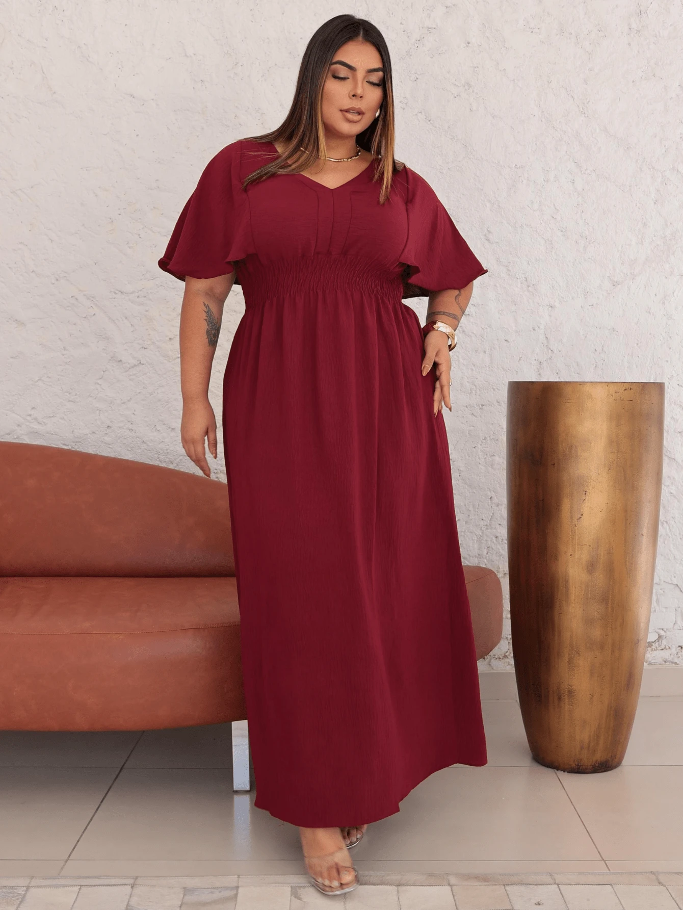 Women's Plus Size Long Dress With Waistline, Party Line - 酒紅色 - 查看 1