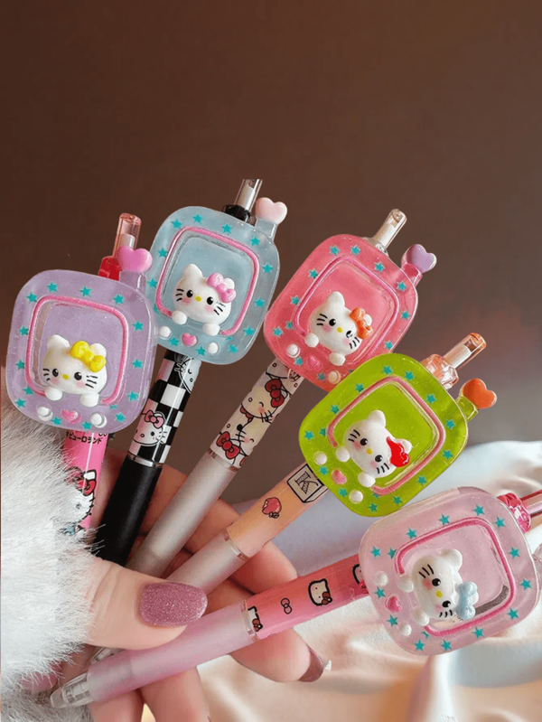 Sanrio Sanrio 5 支装 Hello Kitty 卡通圆珠笔，黑色墨水，时尚圆珠笔，带有彩色动漫图案 - 书写流畅，适合办公室和学校 - 送给粉丝的完美返校礼物