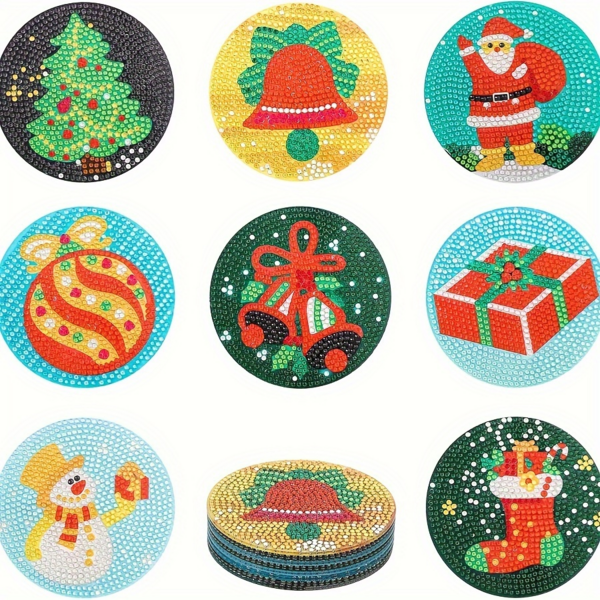 8PCS/SET Christmas Colorful Diamond Art Coasters With Holder, 5D Full Drill DIY Acrylic Coasters For Adults And Friends, Heat Insulation Coaster For Coffee Cups And Drinks, Ideal Gift For Housewarming And Holiday