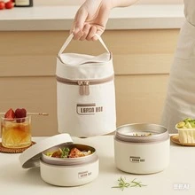Stainless Steel Insulated Lunch Box - Japanese Style 3-Layer Stainless Steel Insulated Bento Box (Tri-Layer Round Lunch Container With Lid, Microwave Safe) - White - View 3