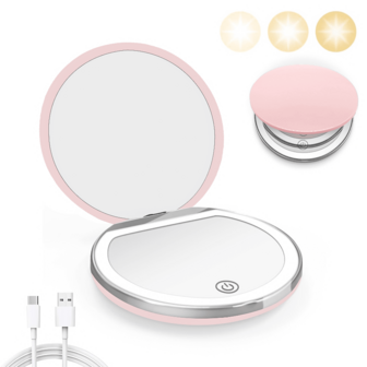 High-Definition 2x Spegel Förstoring Patch Spegel Tre nivåer avbländande Bärbart Flip Cover Cirkulär Vikbar LED Sminkspegel med en sida förstorad 2X Beauty Mini USB Light Emitting Laddning Liten spegel Presenter för män Kvinnor Presentidéer Unika presenter Topp Coola presenter Presentset till henne