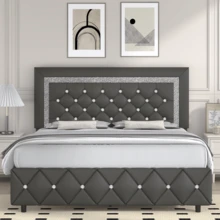 Twin/ Full/ Queen/ King Size Bed Frame, Upholstered Bed Frame With Diamond Headboard And Footboard, Pearl White/ Beige/ Black/ Grey/ Pink/ Purple/ Green - Xám - Xem 12