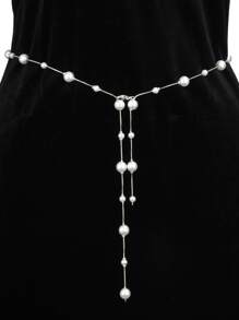 1 Pc Faux Pearl Irregular Bead Tassel Waist Chain, Alloy Faux Pearl Beaded Tassel Decorative Belt, Asymmetrical Waist Chain, Retro Versatile Body Chain, Suitable For Dress Decoration And Jeans, Women's Waist Accessories