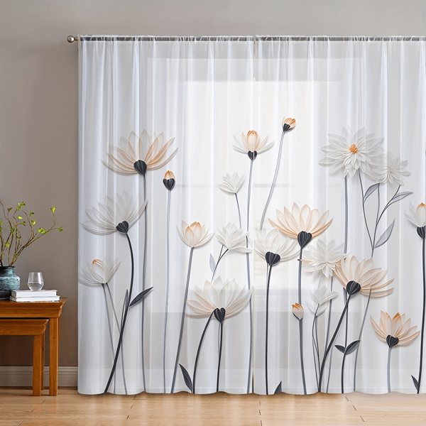 2 pièces Rideaux transparents au style bohème avec imprimé marguerite, design floral blanc et orange clair, avec passants, en polyester lavable en machine. Rideaux pour cuisine, salon, salle à manger, balcon, jardin, chambre à coucher