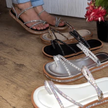 Women's Flat Luxury Rhinestone Flat Sandals 2 In 1 Bohemian Flatform Sandals White Gold Silver Black Shiny Party Launch Promotion - Black Lead - View 4