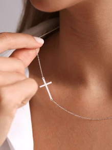 1pc S925 Sterling Silver Side Cross Pendant Necklace - Elegant Jewelry Gift For Women/Girls, Suitable For Everyday Wear