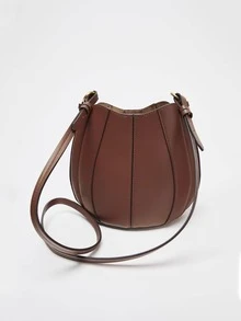 1 件女士棕色 PU 复古时尚缝线装饰抽绳桶形手提包，通勤单肩斜挎包 - 棕色 - 查看 5