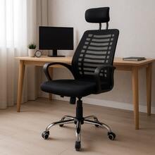 Office Chair President Director High Upholstered Swivel Ergonomic Fabric Mesh Ribs Black Ergonomic - Black - View 1
