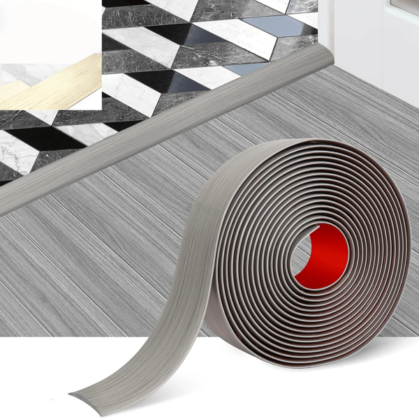 1 Roll PVC Floor Transition Strip, Self-Adhesive PVC Floor Door Divider Strip, Flat Laminate Profile Flooring Edge Trim Joining Strip Door Bar, 4cm, Grey Wood Grain