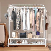 Metal Clothes Rail, Double Clothing Rail, Heavy Duty Clothes Rack, 2-Tier Shoe Rack, Free Standing Rails To Hang Clothes For Bedroom-Black/White - White - View 2