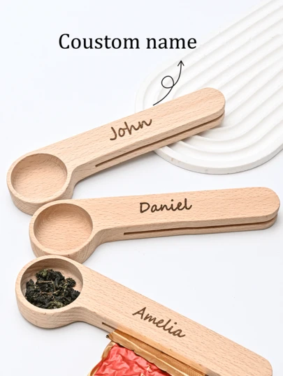 Personalized Coffee And Tea Measuring Spoon - Natural Wood-Carved Name, Double-Grid Design Suitable For Coffee Beans And Coffee Grounds, Unique Kitchen Gift For Dad, Grandpa, Men And Women (Birthday, Best Man), Coffee Bar Item, Elegant Wooden Design, Wooden Structure, Fashionable Kitchenware, Birthday Gift