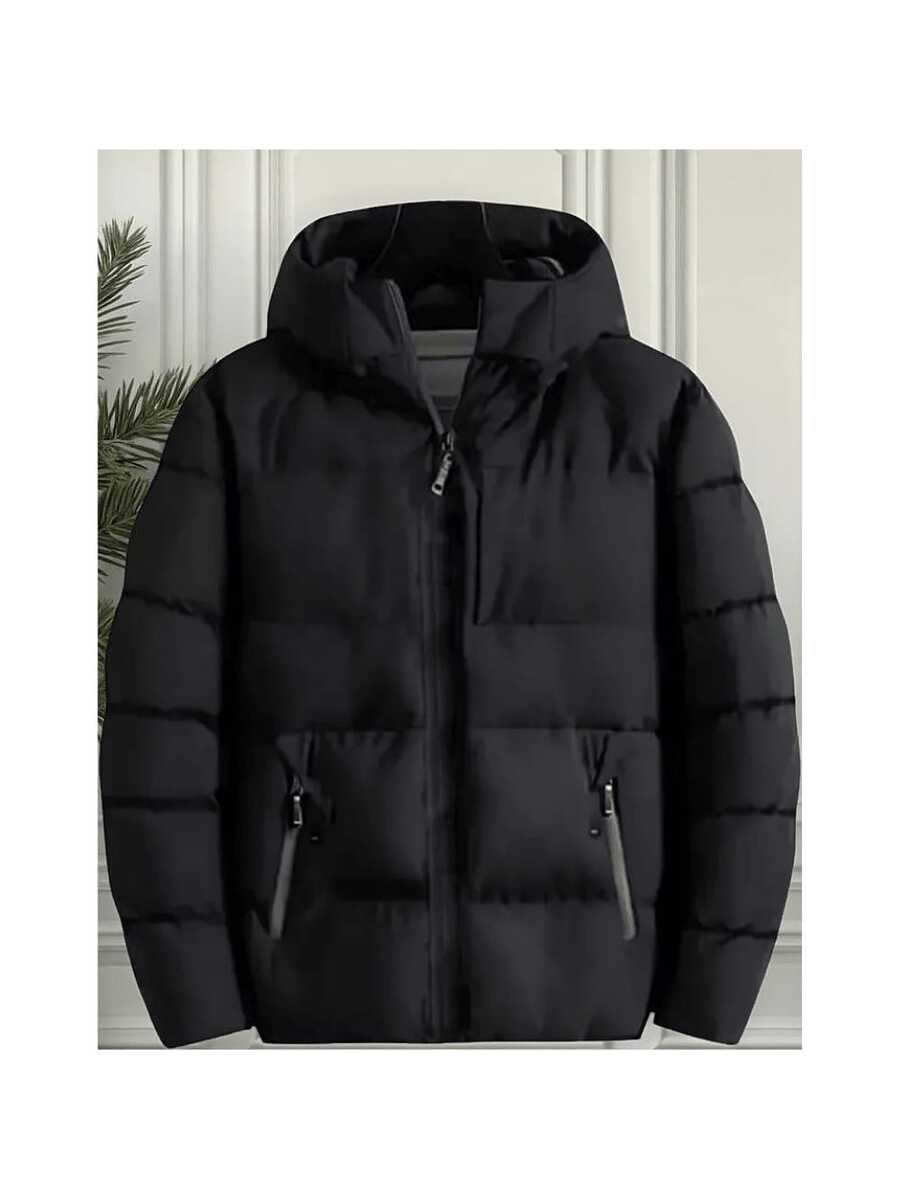 Bobojaco Waterproof Nylon Fleece Lined Jacket With Plush Lining Thermal Puffer Hooded Coat - 黑色 - 查看 1