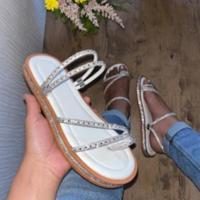 Women's Flat Luxury Rhinestone Flat Sandals 2 In 1 Bohemian Flatform Sandals White Gold Silver Black Shiny Party Launch Promotion - الأبيض الفضي - مشاهدة 2