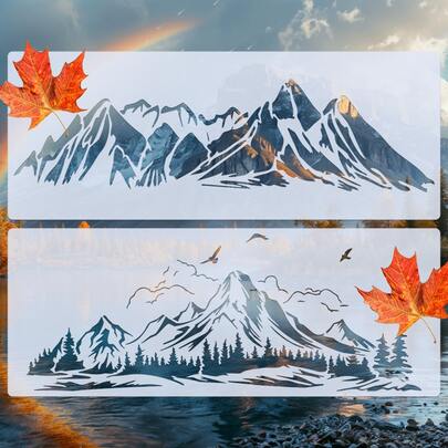 2 件山形图案模板，自然风格墙面艺术模板，适用于 DIY 家居装饰，14*36 厘米高品质耐用模板 - 非常适合手工艺人和艺术爱好者；可重复使用，适用于各种项目、返校、学校用品